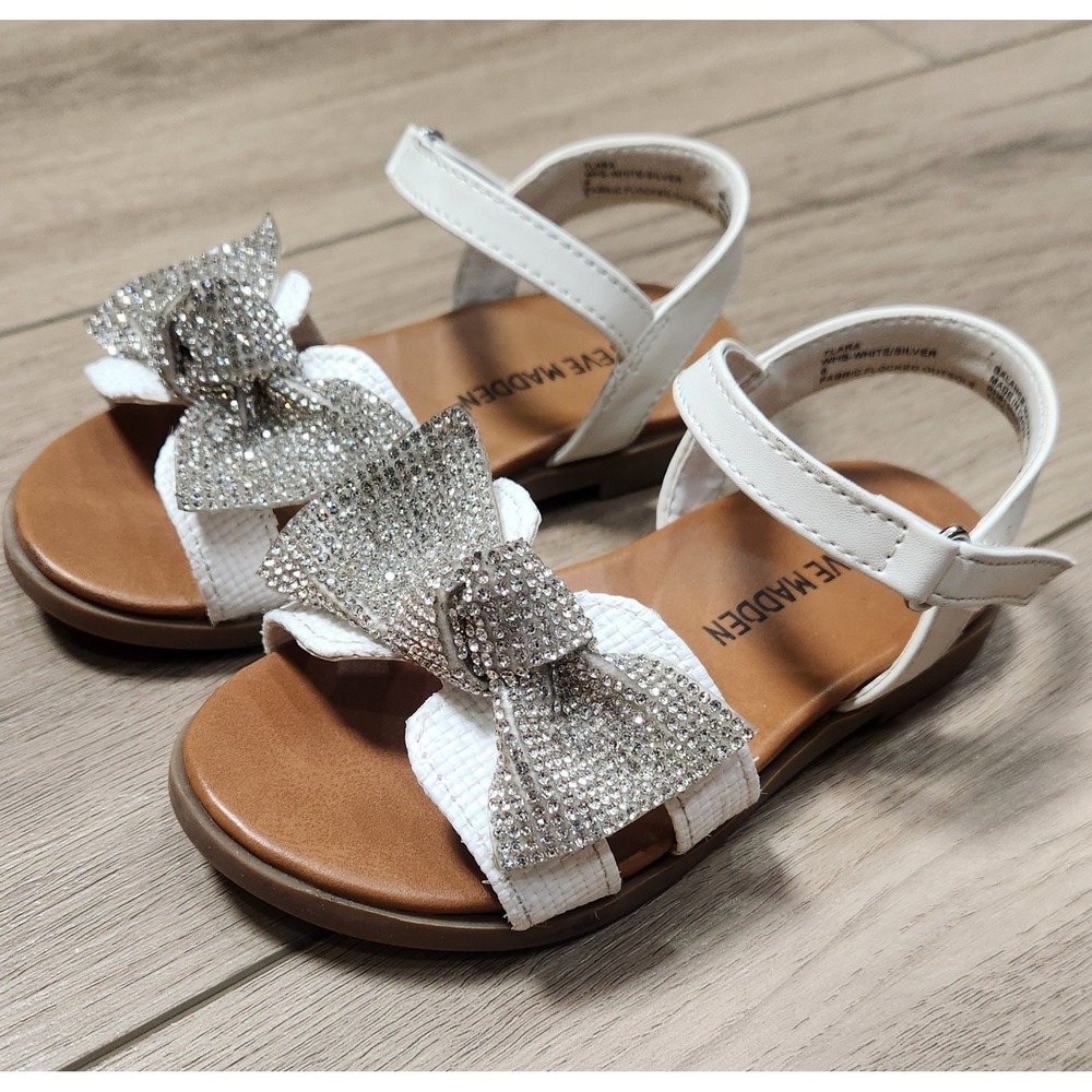 Steve Madden Kids Tlara White Silver Rhinestone Bow‎ Sandals Size 8 flower girl